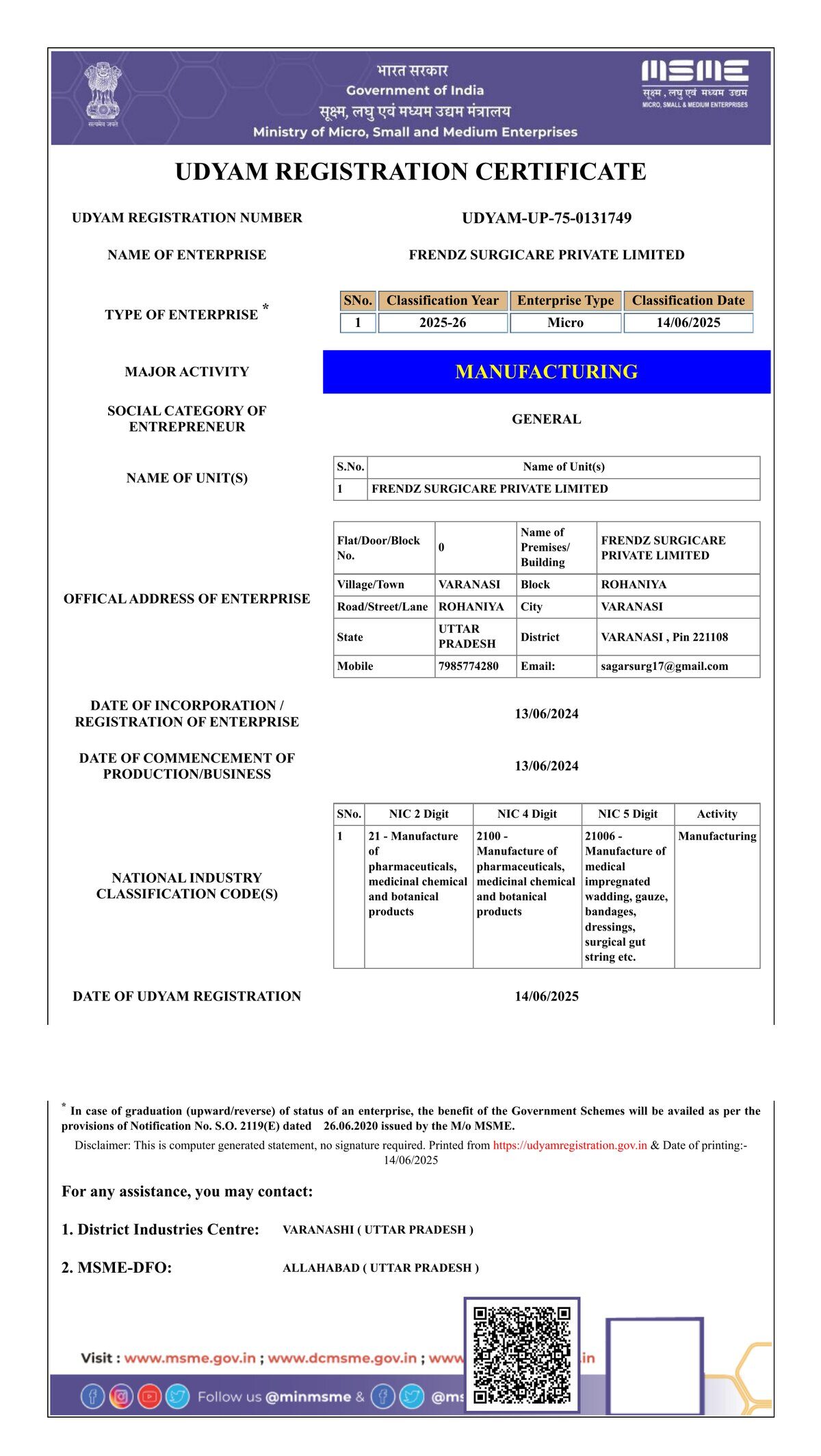 Udyam Registration Certificate - Frendz Surgicare Private Limited